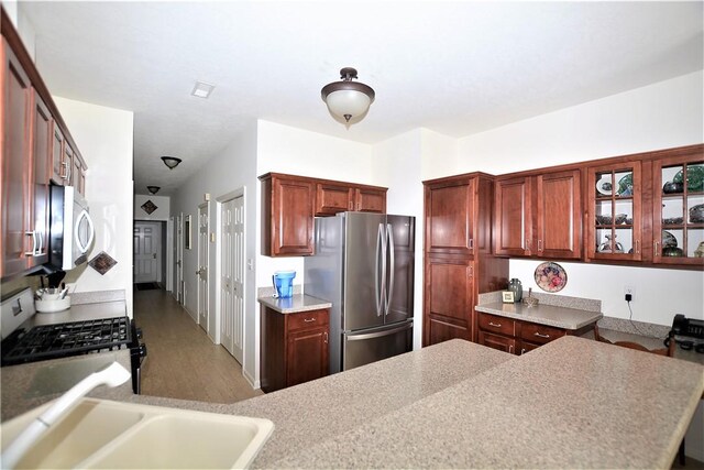 513 Madison Blvd, New Sewickley Twp, PA 15042 - kitchen with glass insert cabinets, light countertops, stainless steel appliances, a sink, and wood finished floors