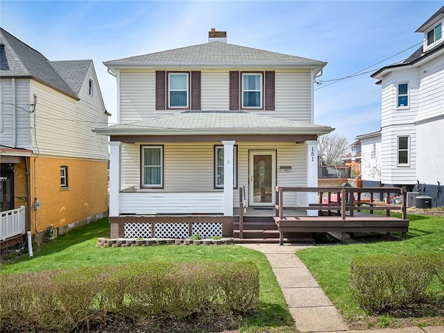 151 Jamaica Ave, West View, PA 15229 - american foursquare style home featuring a front yard, a porch, a shingled roof, and a chimney