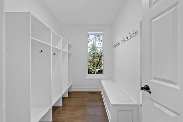 mudroom featuring baseboards and dark wood-style floors