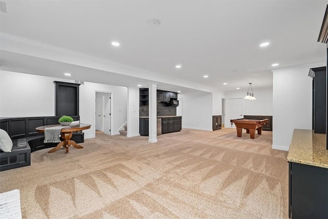 interior space featuring billiards, baseboards, recessed lighting, and light colored carpet
