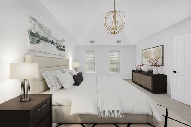 bedroom featuring visible vents, light carpet, a notable chandelier, and lofted ceiling