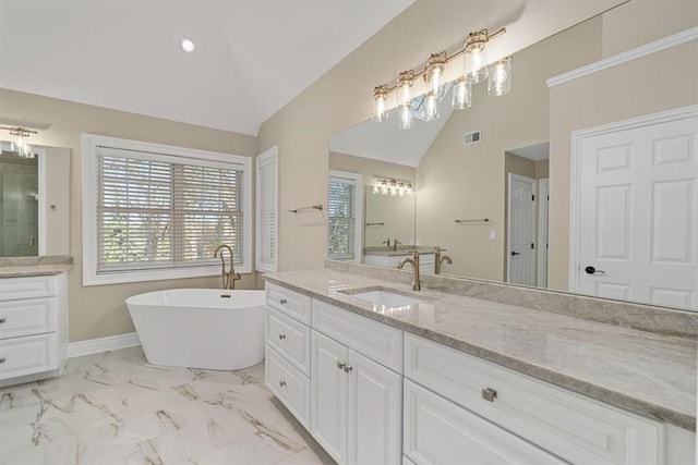 full bath with visible vents, vanity, marble finish floor, recessed lighting, and a freestanding bath