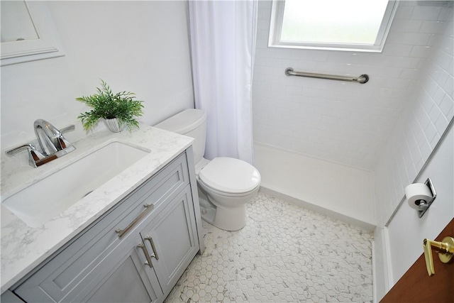 bathroom featuring toilet, a stall shower, and vanity