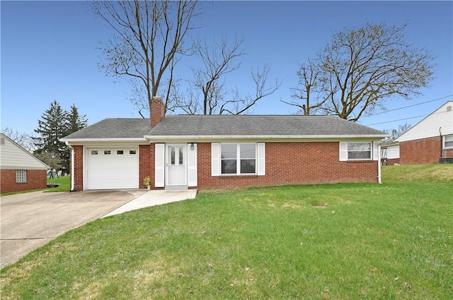 ranch-style home with a front yard, an attached garage, a chimney, concrete driveway, and brick siding