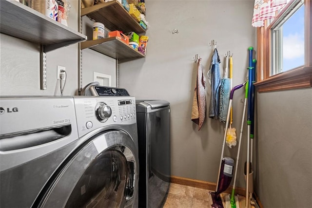 172 Valley Flds, Plum Boro, PA 15239 - clothes washing area with light tile patterned floors, washer and clothes dryer, laundry area, and baseboards