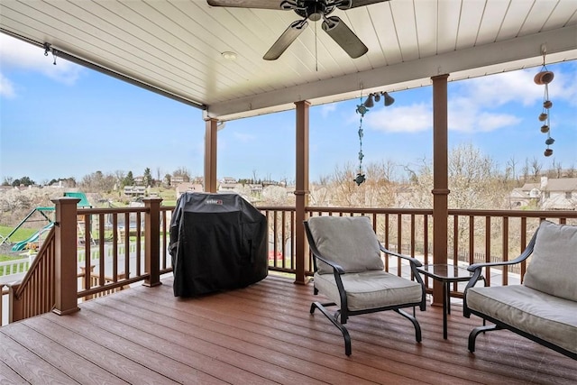 172 Valley Flds, Plum Boro, PA 15239 - wooden terrace with grilling area and ceiling fan