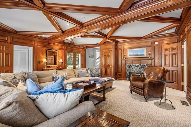 210 Creek Dr, Edgeworth, PA 15143 - carpeted living area featuring coffered ceiling, beam ceiling, ornamental molding, a decorative wall, and wooden walls