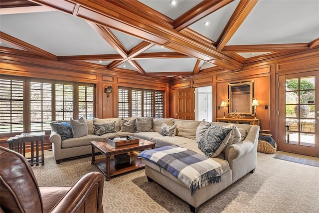 210 Creek Dr, Edgeworth, PA 15143 - living area with light colored carpet, coffered ceiling, beam ceiling, and crown molding