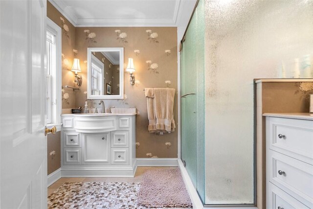 210 Creek Dr, Edgeworth, PA 15143 - full bathroom with a stall shower, vanity, ornamental molding, and baseboards