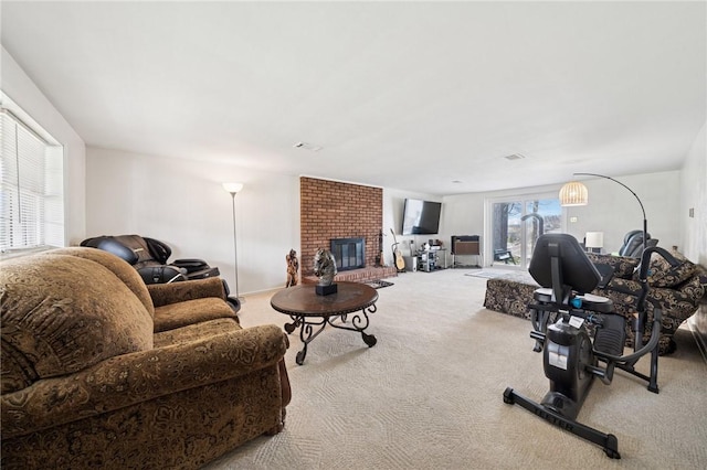 5000 Holly Ct, Murrysville, PA 15668 - carpeted living area featuring a brick fireplace