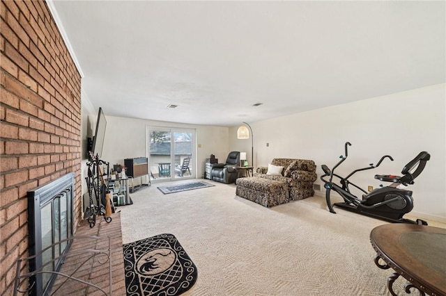 5000 Holly Ct, Murrysville, PA 15668 - carpeted living area featuring visible vents, baseboards, and a brick fireplace