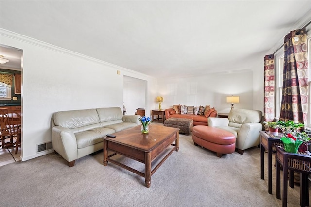 5000 Holly Ct, Murrysville, PA 15668 - living room with light carpet, visible vents, and crown molding