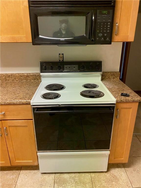 2410 Jane St, South Side, PA 15203 - kitchen featuring electric stove, black microwave, and light tile patterned flooring