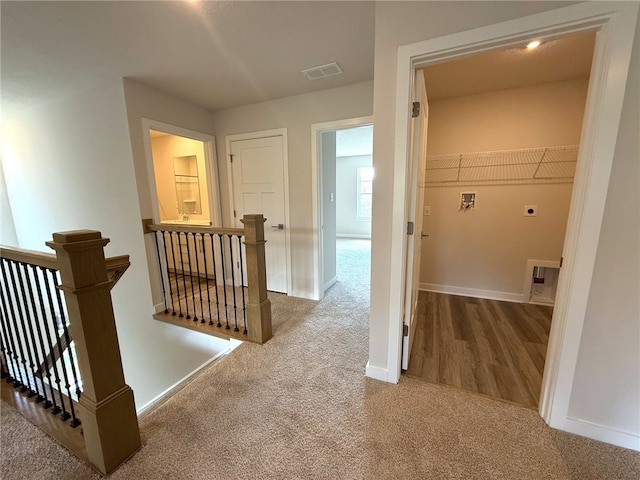 406 Barons Ct, Peters Twp, PA 15367 - hall with an upstairs landing, carpet floors, and baseboards