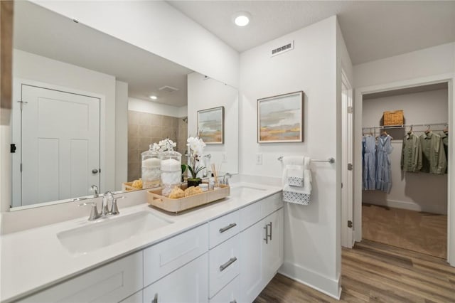 406 Barons Ct, Peters Twp, PA 15367 - bathroom featuring double vanity, wood finished floors, baseboards, a spacious closet, and recessed lighting