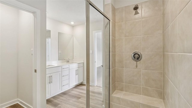 406 Barons Ct, Peters Twp, PA 15367 - bathroom with tiled shower, double vanity, and wood finished floors