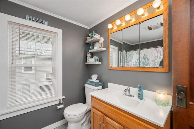 bathroom featuring vanity, baseboards, ornamental molding, a shower with curtain, and toilet