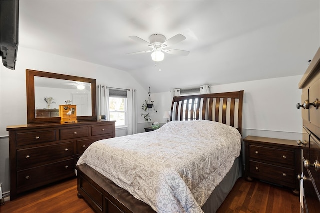 bedroom featuring dark wood-style floors, ceiling fan, and lofted ceiling