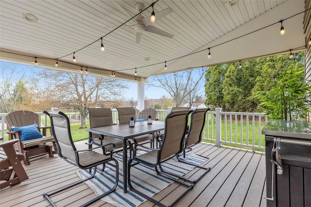 123 Summit Ridge Dr, South Fayette, PA 15017 - wooden deck featuring ceiling fan, outdoor dining area, and a lawn