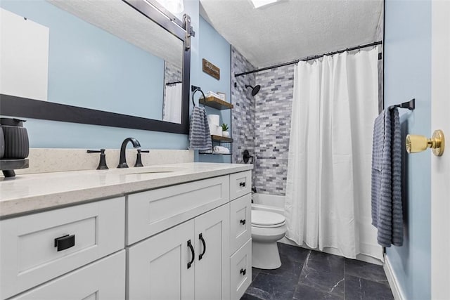 123 Summit Ridge Dr, South Fayette, PA 15017 - bathroom featuring shower / bathtub combination with curtain, vanity, a textured ceiling, and toilet