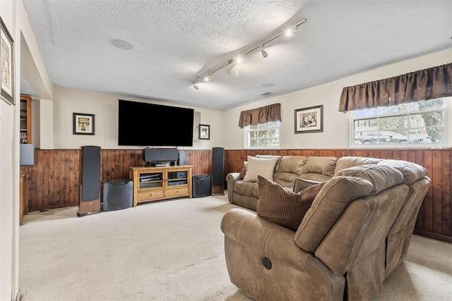 123 Summit Ridge Dr, South Fayette, PA 15017 - carpeted living area featuring wood walls, wainscoting, track lighting, and a textured ceiling