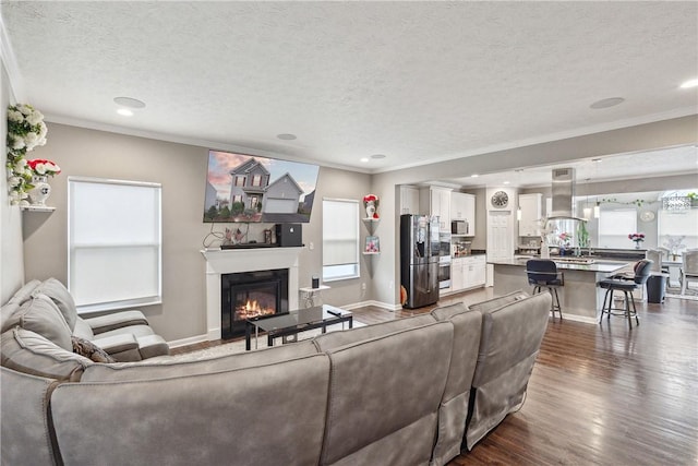423 Labrador Ln, Jefferson Hills, PA 15025 - living room featuring a glass covered fireplace, a textured ceiling, dark wood-style floors, and ornamental molding