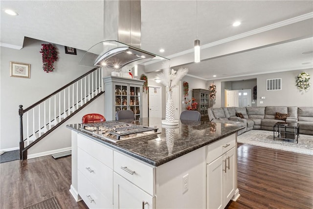 423 Labrador Ln, Jefferson Hills, PA 15025 - kitchen with white cabinets, dark wood-style floors, visible vents, stainless steel gas stovetop, and crown molding