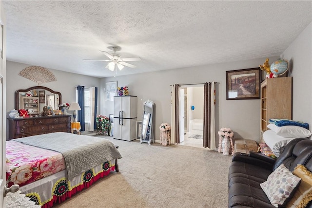 423 Labrador Ln, Jefferson Hills, PA 15025 - bedroom featuring carpet, freestanding refrigerator, ensuite bath, a textured ceiling, and ceiling fan