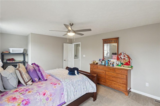 423 Labrador Ln, Jefferson Hills, PA 15025 - bedroom featuring baseboards, visible vents, a ceiling fan, and light colored carpet
