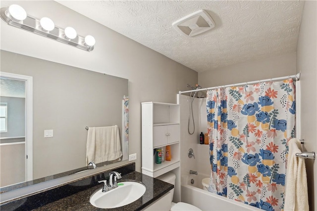 423 Labrador Ln, Jefferson Hills, PA 15025 - full bath with shower / bathtub combination with curtain, visible vents, toilet, vanity, and a textured ceiling