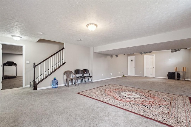 423 Labrador Ln, Jefferson Hills, PA 15025 - interior space featuring carpet floors, a textured ceiling, baseboards, and stairway