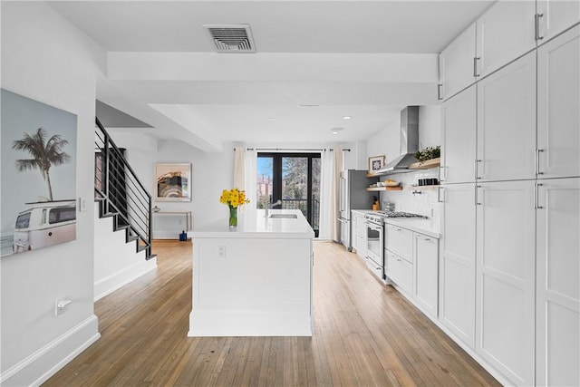 4721 Stanton Ave, Stanton Heights, PA 15201 - kitchen with wall chimney exhaust hood, visible vents, a sink, stainless steel appliances, and baseboards