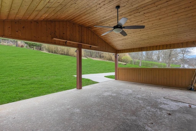 view of patio / terrace with ceiling fan and fence