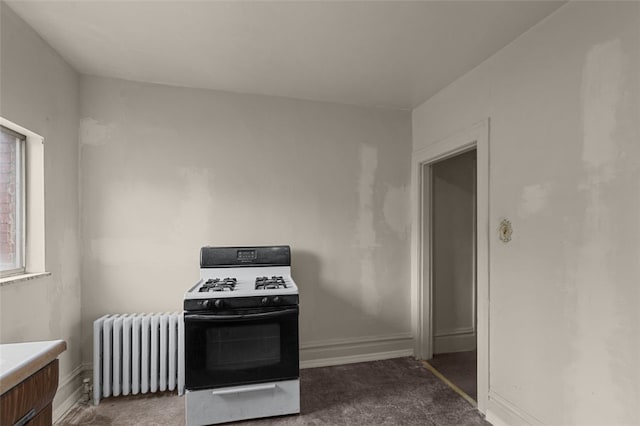 826 Collins Ave, Highland Park, PA 15206 - kitchen featuring dark carpet, radiator heating unit, light countertops, range with gas stovetop, and baseboards