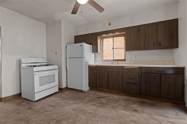 826 Collins Ave, Highland Park, PA 15206 - kitchen with ceiling fan, white appliances, dark brown cabinets, a sink, and light countertops