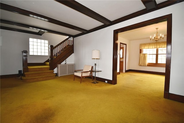 2714 Graham Blvd, Wilkinsburg, PA 15235 - carpeted living room with beamed ceiling, stairway, and a chandelier