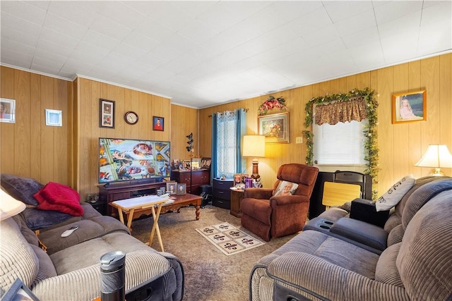 16 Fishpot Rd, Centerville, PA 15368 - carpeted living room featuring crown molding, wood walls, and a wealth of natural light