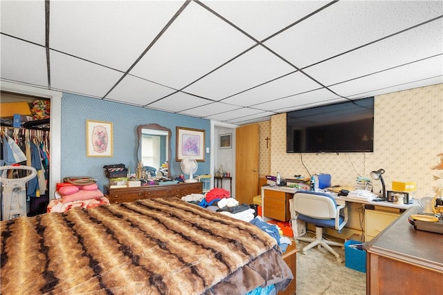 16 Fishpot Rd, Centerville, PA 15368 - bedroom featuring light carpet, wallpapered walls, a closet, and a drop ceiling