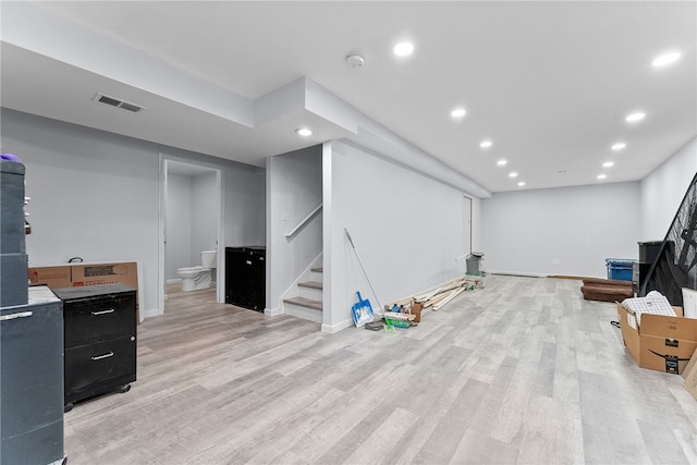 106 Morgan Dr, South Strabane, PA 15301 - finished basement with stairway, light wood-style flooring, baseboards, visible vents, and recessed lighting