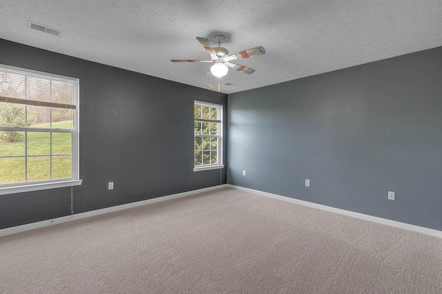 carpeted empty room featuring a textured ceiling, a ceiling fan, baseboards, and plenty of natural light