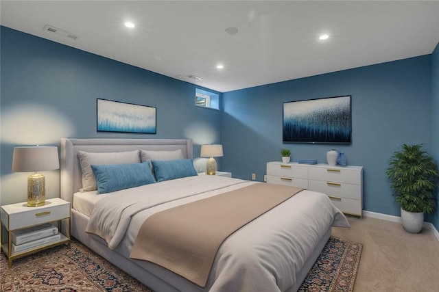 carpeted bedroom with recessed lighting and baseboards