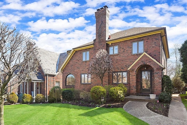 view of front of property with brick siding, a chimney, and a front yard