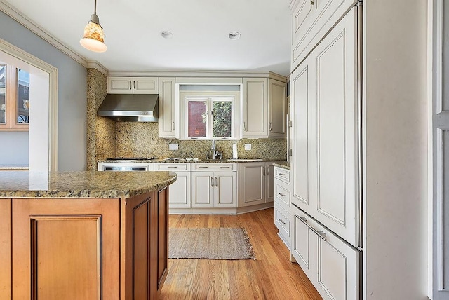 kitchen with a sink, light wood-style floors, decorative backsplash, pendant lighting, and under cabinet range hood