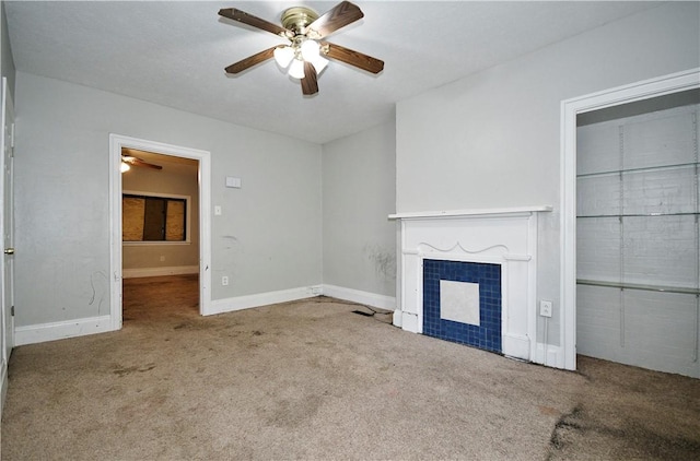 2331 Jane St, South Side, PA 15203 - unfurnished living room featuring ceiling fan, carpet flooring, a tile fireplace, and baseboards