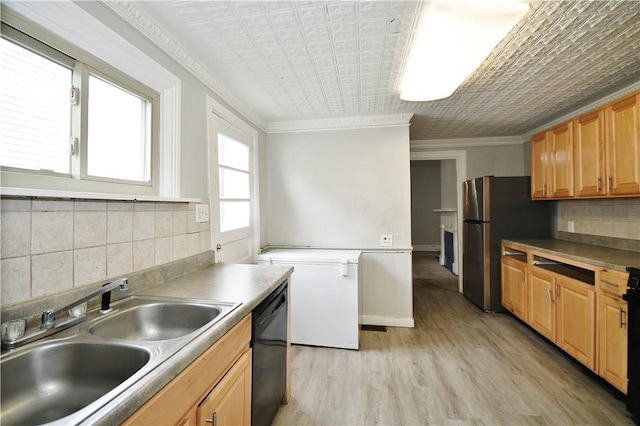 2331 Jane St, South Side, PA 15203 - kitchen with a sink, black dishwasher, backsplash, light wood-type flooring, and ornamental molding