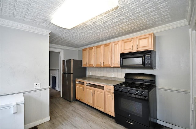 2331 Jane St, South Side, PA 15203 - kitchen with black appliances, an ornate ceiling, light brown cabinetry, ornamental molding, and light wood-type flooring