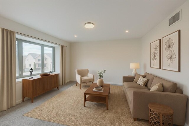 living area with baseboards, light colored carpet, recessed lighting, and visible vents