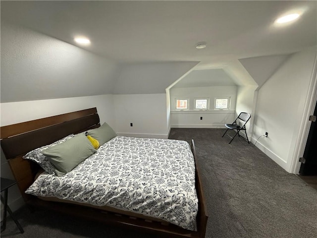 6755 Mcpherson Blvd, Point Breeze, PA 15208 - bedroom with dark carpet, lofted ceiling, recessed lighting, and baseboards