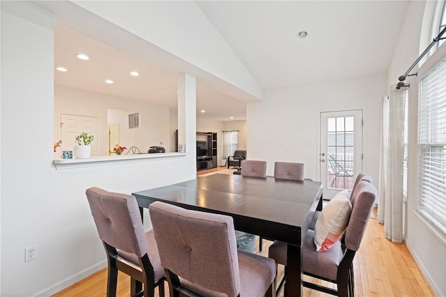 1743 Holmes Dr, Franklin Park, PA 15143 - dining room featuring vaulted ceiling, light wood-style flooring, baseboards, visible vents, and recessed lighting