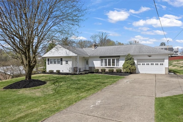 ranch-style home featuring a chimney, a front lawn, an attached garage, driveway, and roof with shingles